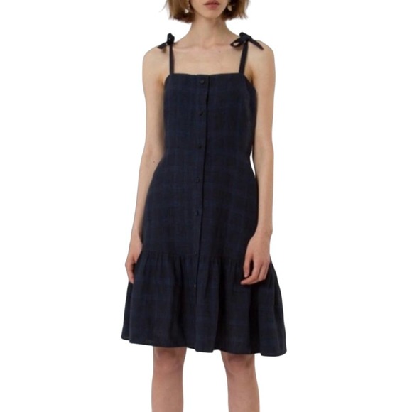 CREATURES OF COMFORT Dress Womens 0 Blue Plaid Linen Button Front Tie Shoulder